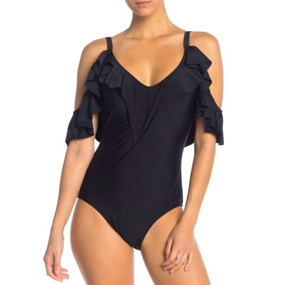 NWT Nicole Miller Black Ruffled Cold Shoulder One-Piece Swimsuit Size S $120 - Picture 2 of 8